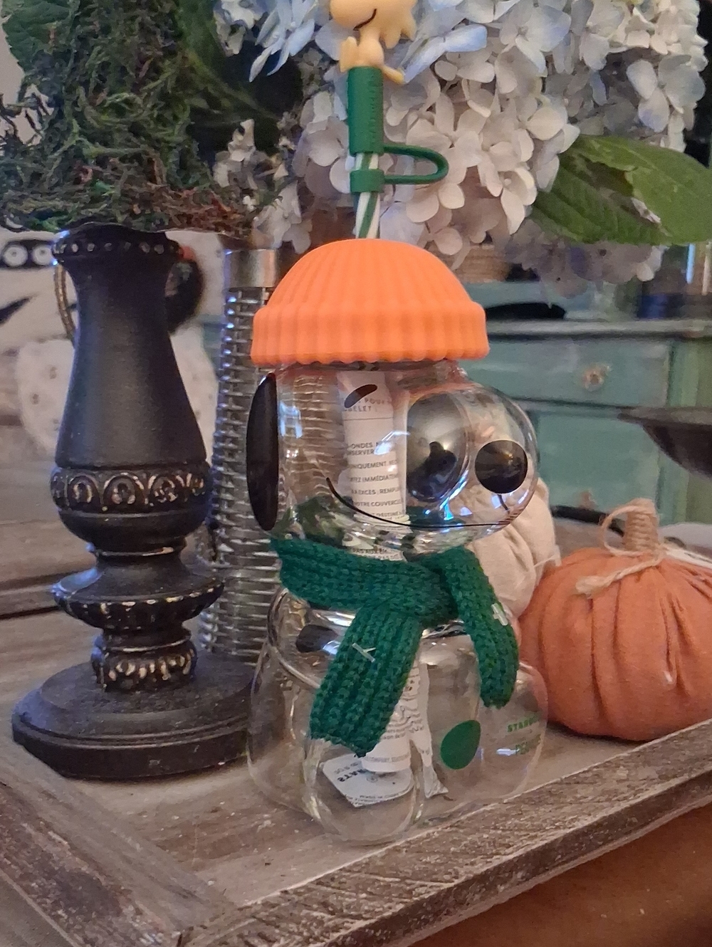 🎄🎁Starbucks Clear Glass Snowman with Green Scarf and Orange Hat